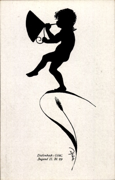Paper cutting artist Postcard Diefenbach, Divine Youth 2, Part 29, Trumpeter