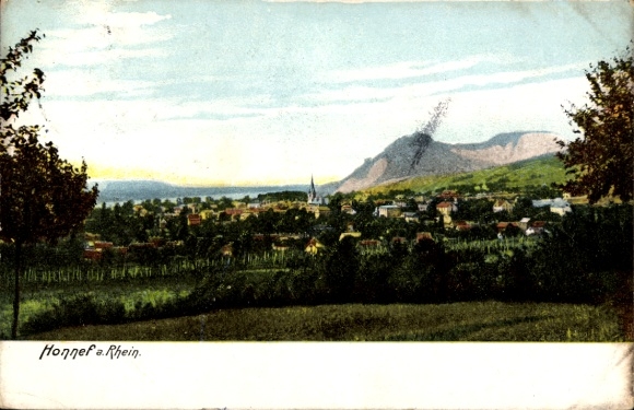 Postcard Bad Honnef am Rhein, landscape with houses, mountains, waterway, trees, sky