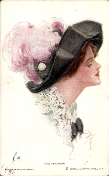 Artist Postcard Fisher, Harrison, Fine Feathers, portrait of a Woman