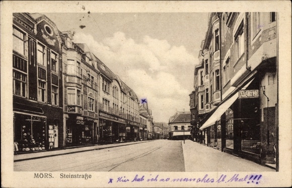 Postcard Moers am Niederrhein, Steinstrasse, cigar shop, shops