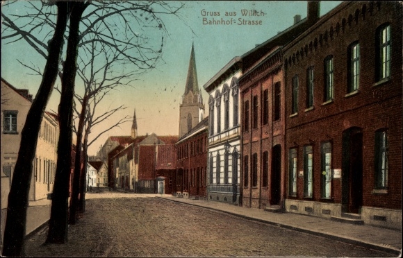 Postcard Willich am Niederrhein, Bahnhofstrasse, church