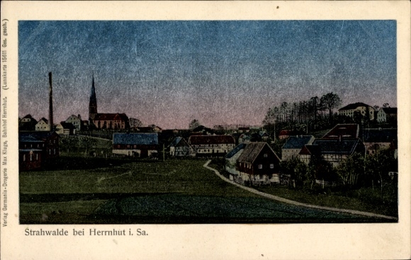 Ak Strahwalde Herrnhut in Sachsen, Landschaft mit Häusern, Kirche, Wiesen, Strahwalde bei Herrnhu