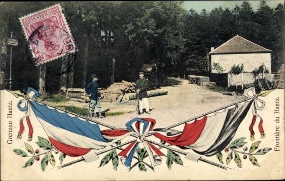 Postcard Col du Hantz Vosges, German French border, flags