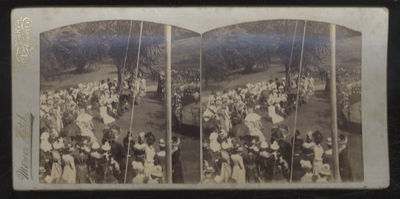 Stereo photo, Bazaar Shortlands House, ladies with hats and umbrellas in park, June 1900
