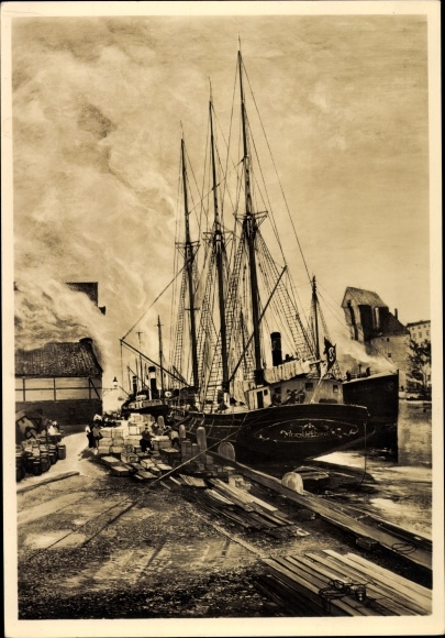 Artist PC Oeststreicher, Oscar, Gdańsk Danzig, harbor section, steamer, HDK 418