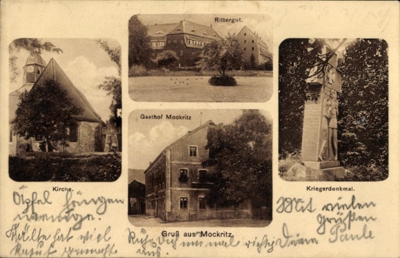 Postcard Mockritz Großweitzschen in Saxony, manor, church, inn Mockritz, war memorial