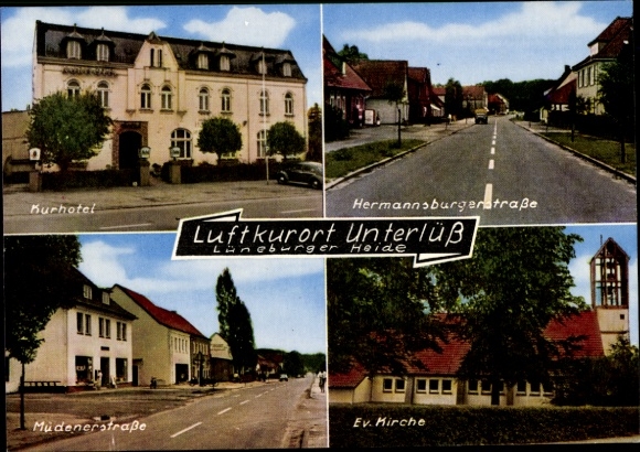 Ak Unterlüß Unterlüss Lüneburger Heide, kuurhotel, Hermannsburgerstrasse, Müdenerstrasse, kerk