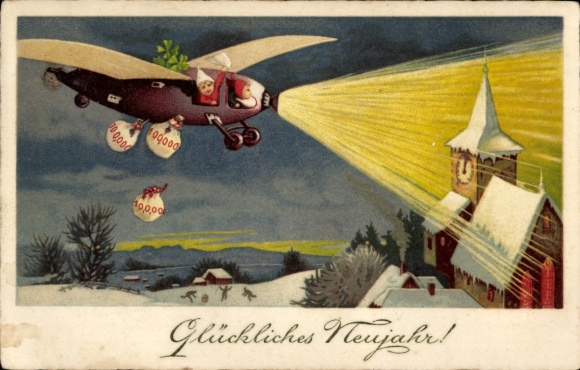 Ak Glückwunsch Neujahr, Zwerge im Flugzeug, Geldsäcke