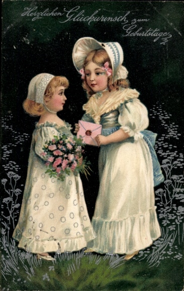 Embossed PC congratulations birthday, two girls, flowers, letter