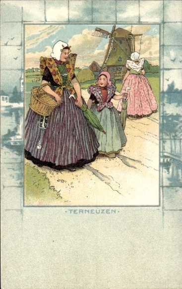 Chromo-Litho Terneuzen Zeeland Netherlands, windmill, folk costumes