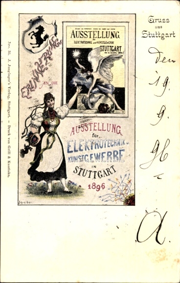 Postwaardekaart Stuttgart in Baden Württemberg, tentoonstelling voor elektrotechniek en toegepaste kunst 1896