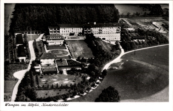 Postcard Wangen im Allgäu, aerial photograph of a facility, fruit trees, gardens, pastures