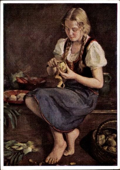 Artist Postcard Hempfing, Wilhelm, Girl with Kitchen Still Life, HDK 215