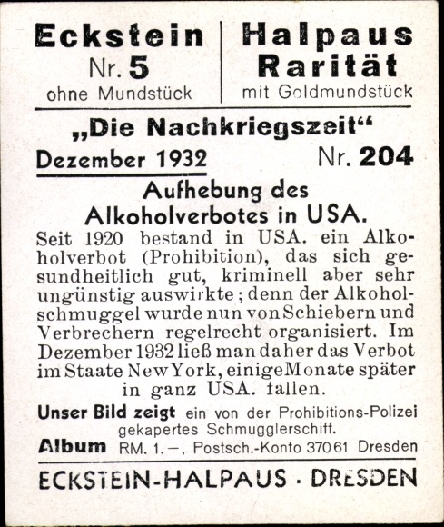 Collective picture The post-war period No. 204, December 1932, repeal of the alcohol ban in the USA