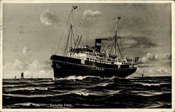 Postcard Motor ship Frem, Baltic Sea steamer, ship stamp