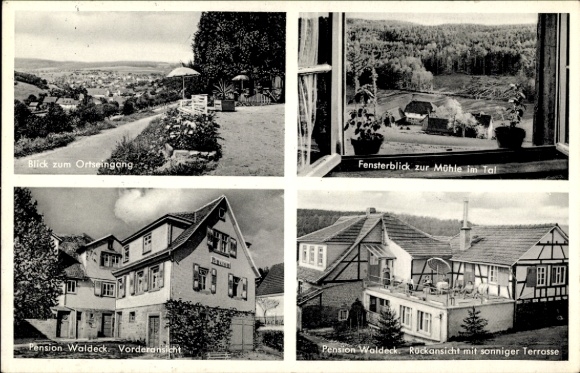 Postcard Langenbrombach Langen Brombach Brombachtal in the Odenwald, town entrance, Pension Waldeck, mill
