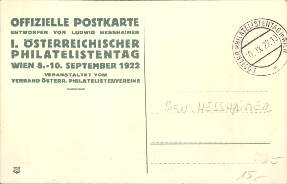 Postwaardestukken kunstenaarskaart Hesshaimer, I. Oostenrijkse Filatelistische Dag 1922 Wenen, PP 94
