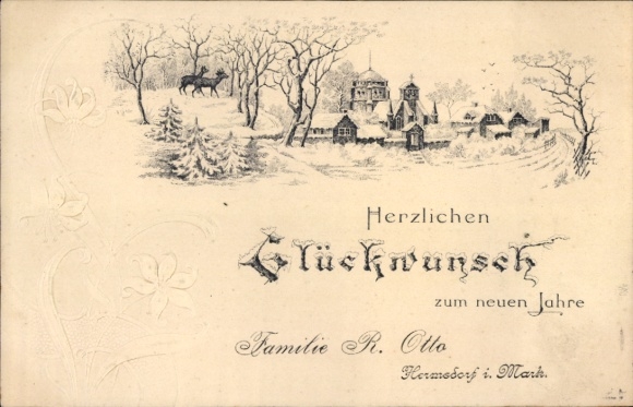 Embossed PC Happy New Year, winter motif, family R. Otto, Berlin Reinickendorf Hermsdorf