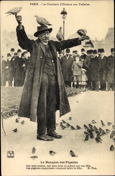 Postcard Paris, Tuileries Garden, The Bird Charmer, The Pigeon Banquet