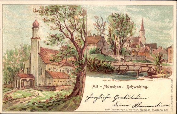 Litho Schwabing München Bayern, Kirche, Teilansicht