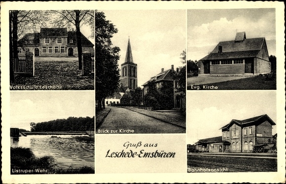 Ak Leschede Emsbüren in Niedersachsen, Bahnhof, Gleisseite, Volksschule, Listruper Wehr, Kirche
