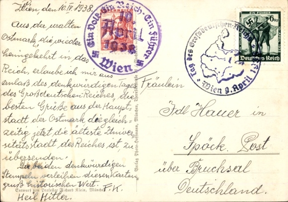 Artist Postcard Klein, One People, One Reich, One Leader, Anschluss of Austria 1938, Greater Germany