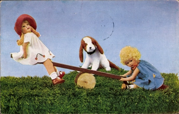Postcard Käthe Kruse dolls on a seesaw, stuffed dog