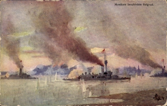 Künstler Ak Kuk Kriegsmarine, Monitore beschießen Belgrad, I. WK