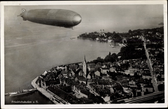 PC Friedrichshafen on Lake Constance, airship LZ 127 Graf Zeppelin at full speed, aerial photo
