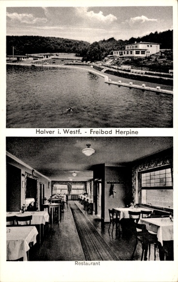 Ak Halver in Westfalen, Herpine buitenzwembad, restaurant, binnenaanzicht
