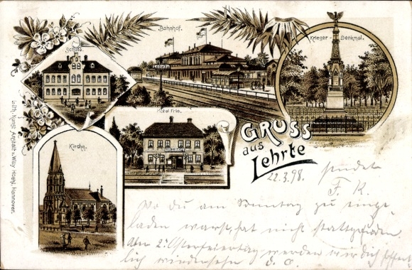 Chromo-Litho Lehrte in Lower Saxony, train station, war memorial, Hotel Frie, church