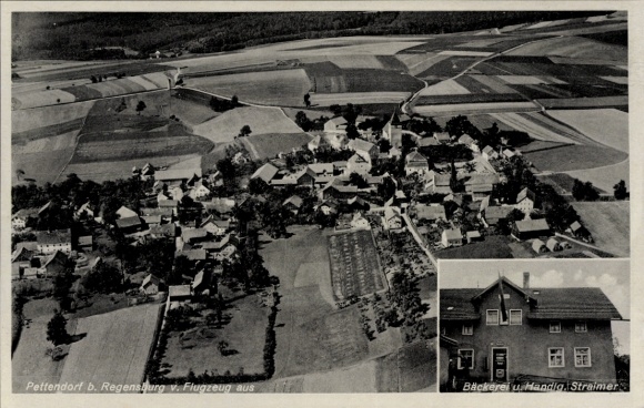 Postcard Pettendorf (near Regensburg) in the Upper Palatinate, bakery and shop Straimer, aerial photograph
