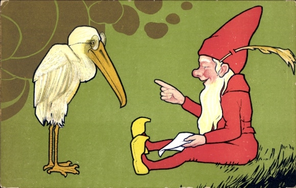 Postcard Dwarf and Pelican with Glasses