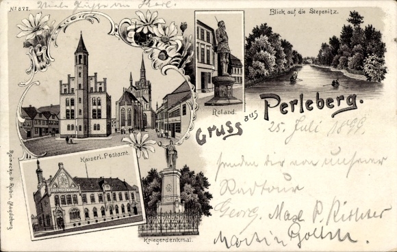 Chromo-Litho Perleberg in der Prignitz, market square, post office, Stepenitz, war memorial, Roland