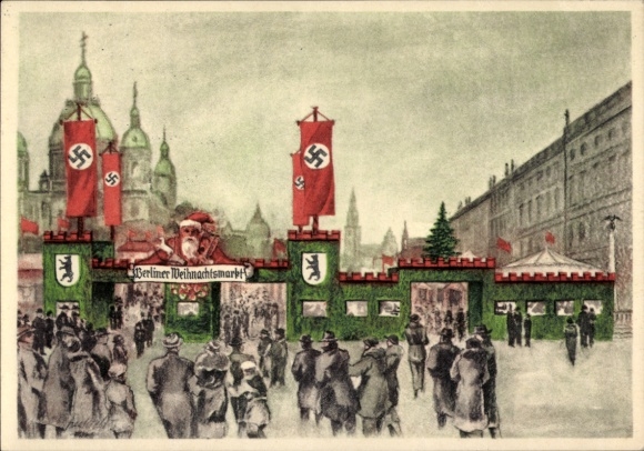 Artist Postcard Berlin Mitte, Berlin Christmas market 1936 at the cathedral, flag decoration