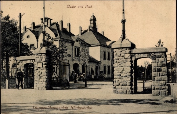 Postcard Königsbrück in Oberlausitz, military training area, entrance, guard and post office