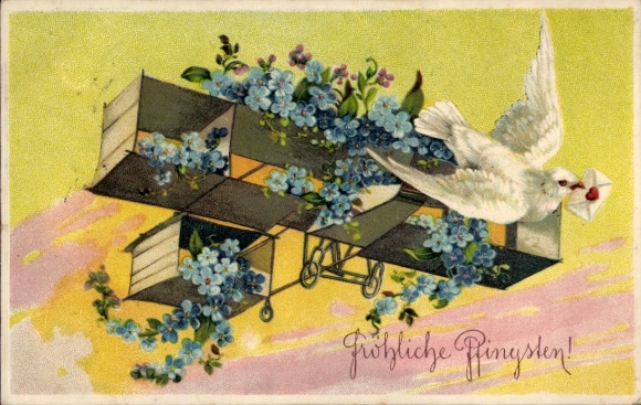 Embossed PC Congratulations Pentecost, airplane, forget-me-not, dove