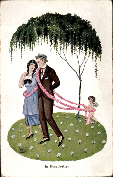Artist Postcard Scheuermann, Willi, In rose chains, lovers, Cupid