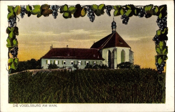 Postcard Vogelsburg Volkach in Lower Franconia, grapes, church, landscape