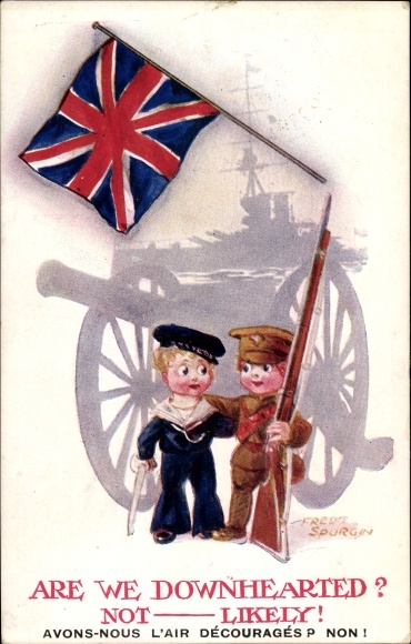 Postcard Spurgin, Fred, Are we downhearted, not likely, sailor, British soldier, cannon, warship