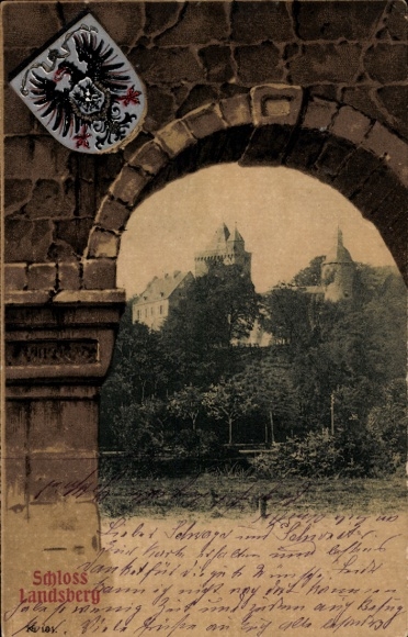 Embossed coat of arms Postcard Ratingen North Rhine Westphalia, Landsberg Castle near Kettwig
