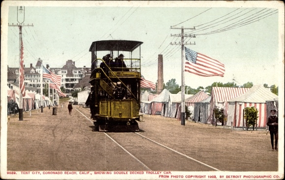 Postcard Coronado Beach, California, USA, Tent City, shows a double deck trolley car