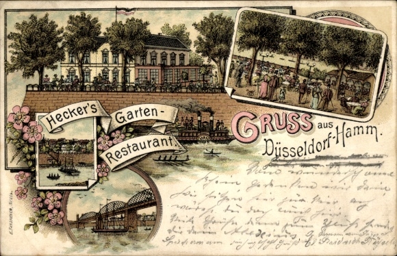 Litho Hamm Düsseldorf am Rhein, Heckers Garten-Restaurant