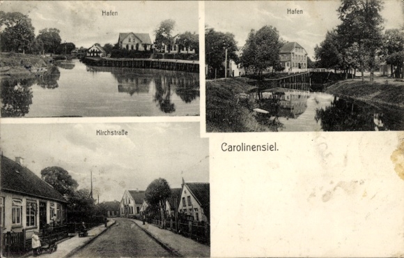 Postcard North Sea resort Carolinensiel Wittmund in East Frisia, Hotel zum Deutschen Hause, harbor