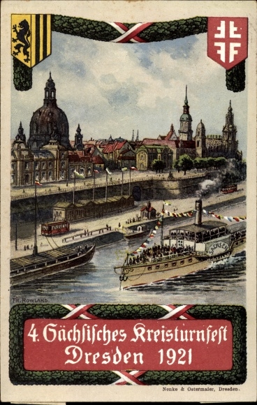 Artist PC coat of arms Dresden, 4th Saxon district gymnastics festival 1921, steamer Saxony, Nenke &amp; Ostermeier