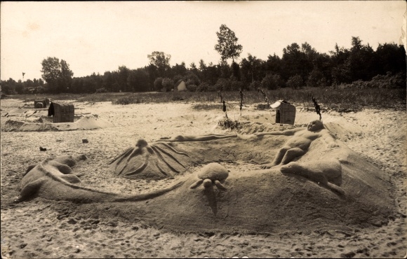 Photo Postcard Beach, human figure made of sand, beach life, beach chair