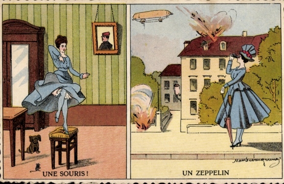 Artist Postcard Une Souris, Un Zeppelin, French. Woman frightened by mouse, looking at airship