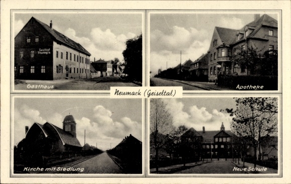 Ak Neumark im Geiseltal Braunsbedra, Gasthof Thüringen, apotheek, kerk, nederzetting, nieuwe school
