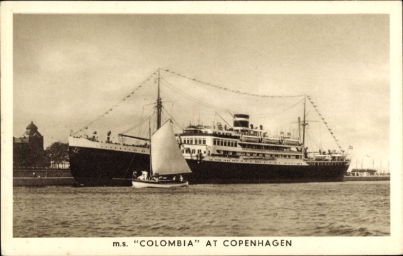 Postcard steamer MS Colombia, Royal Netherlands Steamship Co., Copenhagen