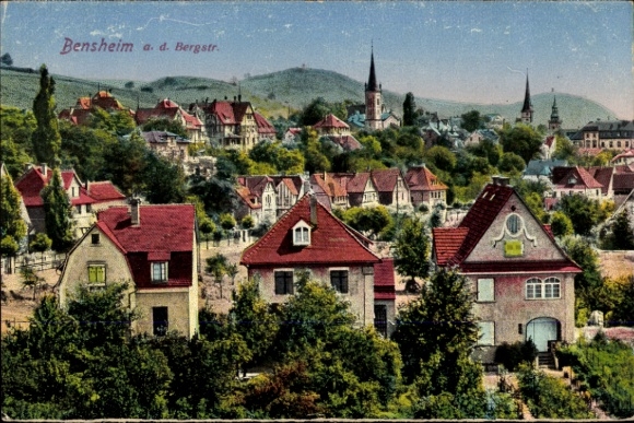 Postcard Bensheim on the Bergstraße Hesse, houses with red roofs, green hills, churches